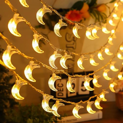 ALEGRE Ramadan ljusslinga med batteri, 3 m, 20 LED-månljusslinga, ramadan-dekoration, varmvit måne-ljuskedjor inomhus för muslimsk EID Mubarak-dekoration, bröllop, juldekoration
