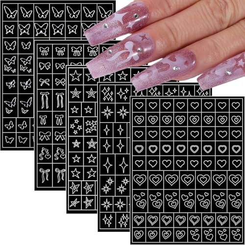 Celblisora Plantillas para uñas con aerógrafo, 5 hojas, mariposa, corazón, estrella, lazo, diseño francés, plantilla hueca para mujer, DIY manicura y arte de uñas