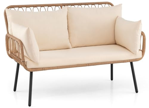 COSTWAY Sofá de 2 Plazas de Exterior, Sillón de Ratán PE para 2 Personas con Cojines, Almohadas y Estructura Metálica, Silla Banco de Jardín para Patio Porche Piscina, Carga 300 kg, 118 x 62 x 81 cm