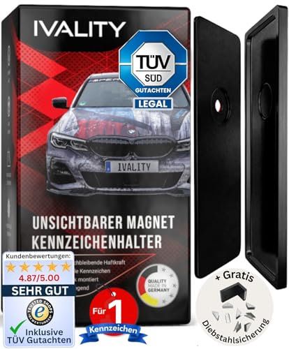 Ivality Magnetischer Kennzeichenhalter Rahmenlos, Kennzeichenhalter Magnet für 1X Metall-Kennzeichen, Wechselkennzeichenhalter Österreich, Straßenzugelassen, TÜV geprüft bis 350 km/h, Auto-Zubehör