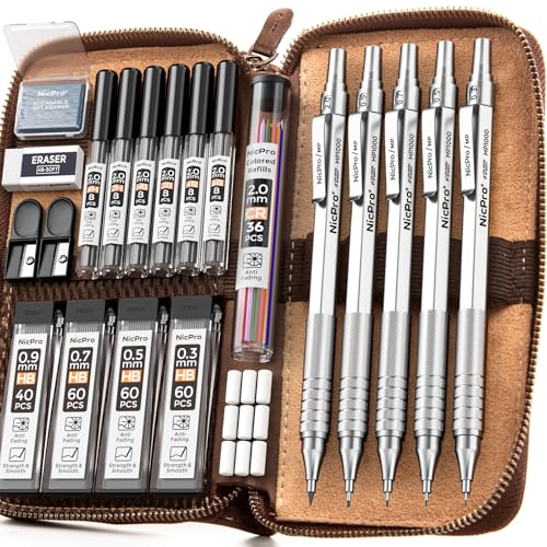 Nicpro 5 Stück Metall Druckbleistift Set in Lederetui, Bleistifte 0,3 & 0,5 & 0,7 & 0,9 & 2.0 mm Bleistiftminen(4B 2H HB 2B) (Schwarz und Farben) mit Radiergummis, Spitzer für Zeichnen, Skizzieren
