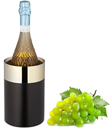 Relaxdays Weinkühler Edelstahl, doppelwandig, Flaschenkühler Wein & Sekt, HxD: 18,5 x 12 cm, Weinkübel, schwarz/Gold