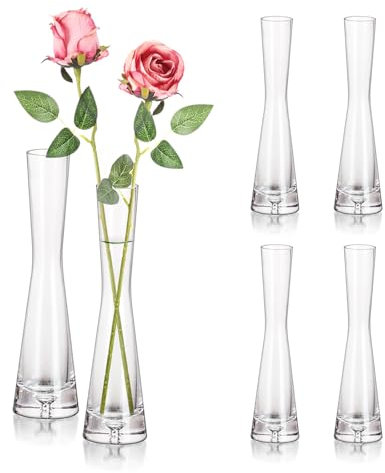 Hewory Glass Bud Vases for Flowers: 20cm Single Stem Vase Tall Single Flower Vase for Rose - Modern Narrow Small Vases for Table Decoration Wedding Party Birthday Baby Shower, 6pcs