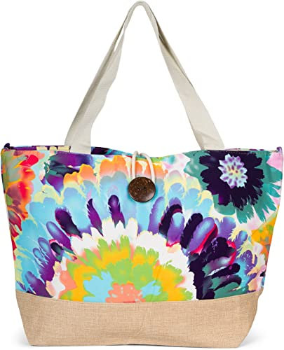 styleBREAKER XXL Strandtasche mit buntem Blumen Print | Große Schultertasche mit Knebelknopf, Stoffhenkel & Karabiner | Damen Shopper 56 x 36 x 18 cm, Farbe:Türkis-Violett-Rot