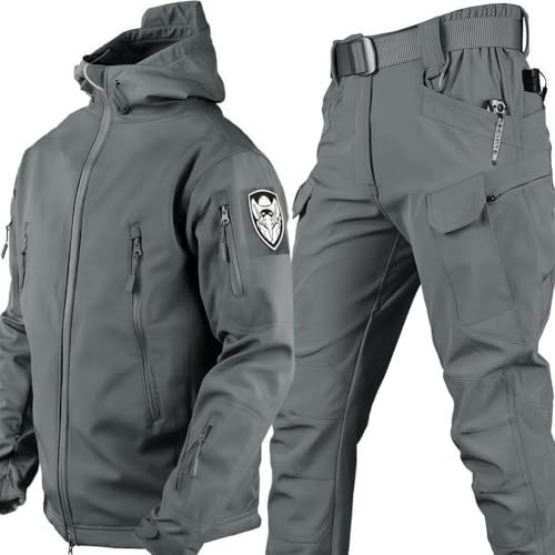 WENNEWU Men's Tactical Softshell Suit, Fleece-Lined Jacket and Trousers Set | Water-Resistant, Windproof, Multi-Pocket, For Hiking, Camping, Fishing, and Hunting