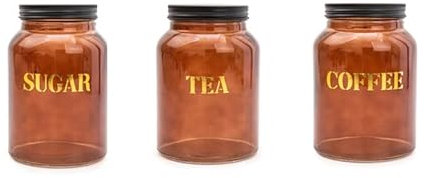 Home Deco London Kitchen Storage Vintage Amber Gold Glass with Black Screw Top Lids 950ml (Tea, Coffee Sugar Storage)