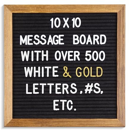 Real Wood Framed Felt Letter Board, Changeable Message Board, 10 x 10, Folding Stand and Wall Mount, 500+ Pieces of White & Gold Letters, Numbers, Words & Symbols, by Better Office Products (Rustic