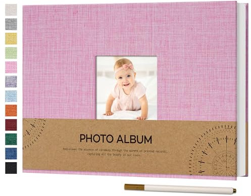 Vienrose Fotoalbum Selbstklebend Einkleben 10x15 Klein Leinen Photo Album mit 60 Weißen Seiten, Hochzeit Jahrestag Geburtstag Fotoalben mit Einem Kugelschreiber, 21,5x30cm, Rosa