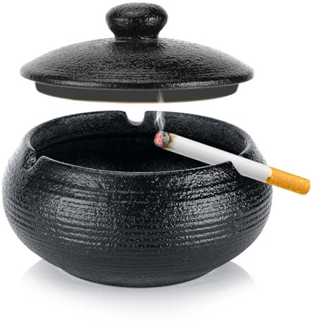 Collazoey Aschenbecher, Aschenbecher für den Außenbereich, Keramik mit Deckel, Schwarz Retro Keramik, geeignet für zu Hause, Büro, Schreibtisch, Terrasse, Balkon im Freien