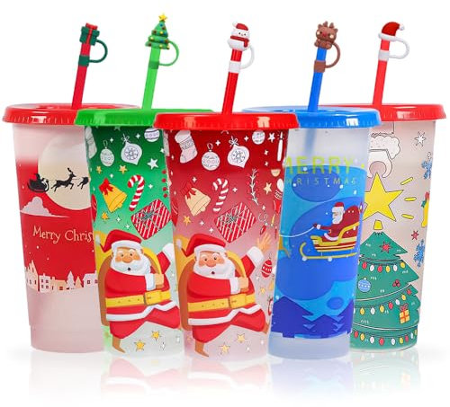 MOJMBSBY 5er Pack weihnachtliche Farbwechselbecher mit Deckel und Strohhalm für die Weihnachtsdekoration, wiederverwendbare Becher für die Weihnachtsfeier, 24 oz