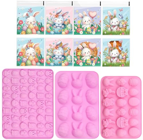 3pcs Easterr Silicone Moulds,Easter Egg Chocolate Moulds,100pcs Sweet Bags Easter,Easter Egg Rabbit Shape Silicone Moulds Ice Cube Tray Silicone Baking Mould for Home Party Easter Cake Decoration