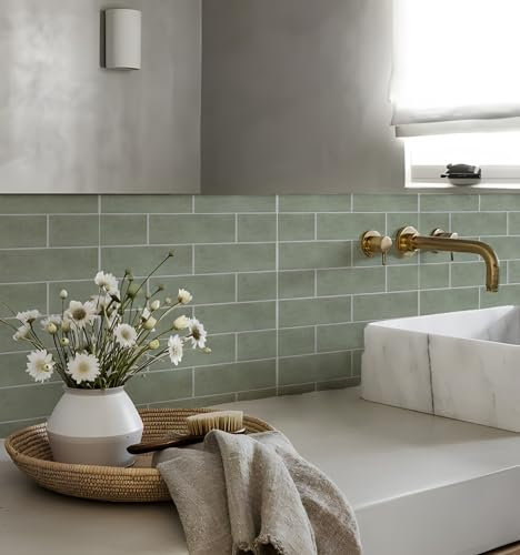 Piastrelle Adesive Cucina E Bagno Verde Salvia Impermeabile Pannelli Decorativi Per Pareti Piastrelle mattonelle adesive PVC paraschizzi cucina adesivo Facile da Applicare 10 Pezzi(20x20cm)