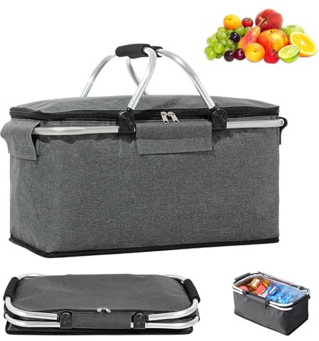 Panier à Provisions Pliable, 18L Grand Panier de Courses Isotherme Pliable, Panier de Courses Portable, avec Couvercle, Fermeture Eclair et Poignées, pour Le Camping, La Plage, Le Pique Nnique, Gris
