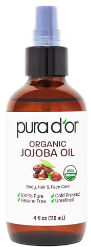 PURA D'OR 4 Oz Organic Jojoba Oil - USDA Certified - 100% Pure & Natural Moisturizer - Cold Pressed, Unrefined, Hexane Free Base Carrier Oil For DIY Skin Care, Hair, Body, Hair Relaxer, Face & Nails
