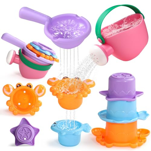 Juguetes Niños 1 Año-Juguetes Bebes 6-12 Meses, Juguetes Bañera Bebe 1 Año con 1 Regadera Baño Bebe y 3 Tazas Apilables de Animales Regalo Cumpleaños Bebe 1 2 Años Niña Niño Juegos Educativos