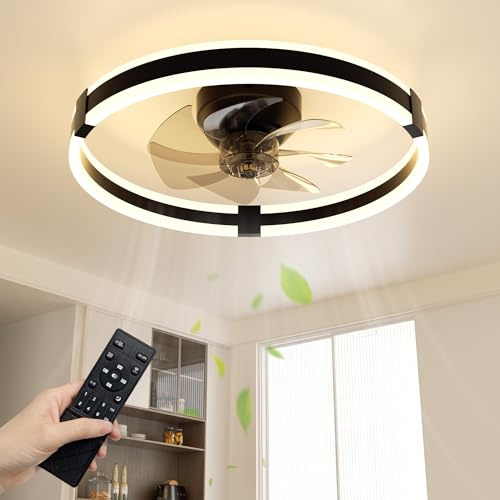 NIORSUN 50cm Ceiling Fan with Lights & Remote, 3 Colours Ceiling Fans Lamp, 3600LM Dimmable LED, 6 Speeds & Timer Ultra-Quiet Modern Fan Light for Bedroom Living Room Kitchen (Black)