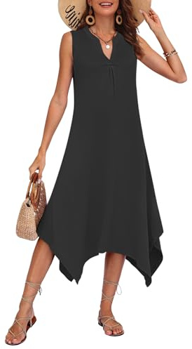 AUSELILY Womens Summer Midi Dress V Neck Sleeveless Casual with Pockets