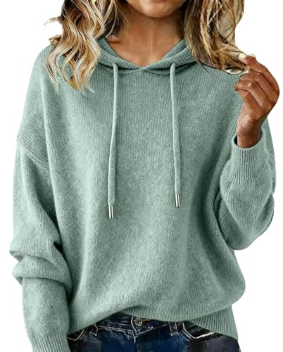 Långärmade tröjor för kvinnor huvtröja mysig lätt pullover, mjuk stickad huvtröja kashmirtröjor höst vinter toppar, ljusgrön, XL