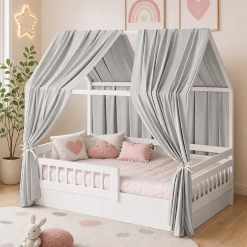 LUPATDY Set di 2 Tenda Letto Bambini, Tenda Letto Montessori Bambini, Baldacchino per Bambine e Ragazzi, Baldacchini in Tessuto, 135 x 350 cm, Grigio Chiaro