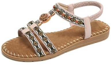 Nuoke sandalias mujer,sandalias planas, planas con tiras en T y cuentas para, con piedras preciosas de colores y elástico Zapatos Vestir (Pink, 38)