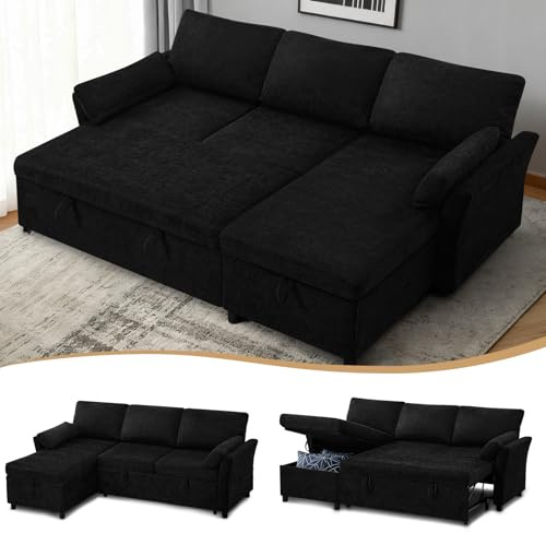 JoyHarb 211cm Fabric L Shape Sofa w/Pull Out Bed & Storage Chaise, Black