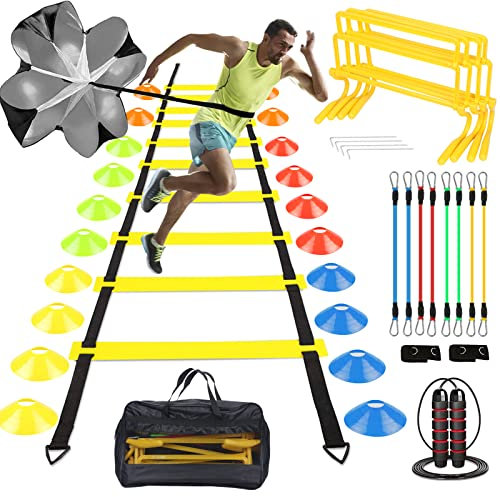 YGORTECH Fußball Trainingsset Koordinationsleiter Fussball Trainingszubehör mit 6m Trainingsleiter 20 Kegel,Hürden, Widerstand Fallschirm,Springseil,Widerstandsbänder (Yellow)