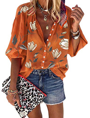 Tomwell Chemisier Femme Manches Longues Tunique Button Up Shirt Rayé Chemise Col V Top Chimie Blouse Mode Multicolore Chic Chemisier Classique Top X Orange XS