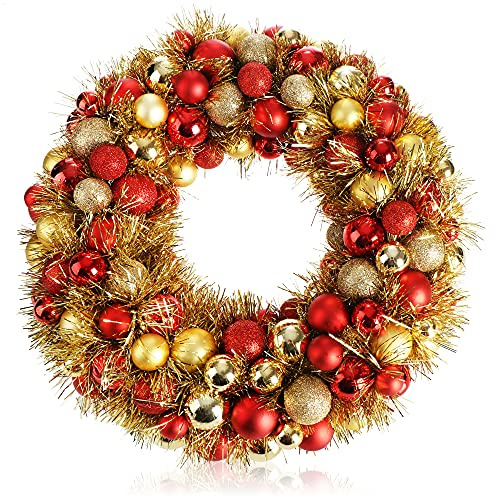 com-four® Ghirlanda natalizia per porta - Ghirlanda dell'Avvento con orpelli e palline di albero di Natale in bellissimi colori Ø circa 40 cm - Grande decorazione natalizia lucida - Ghirlanda