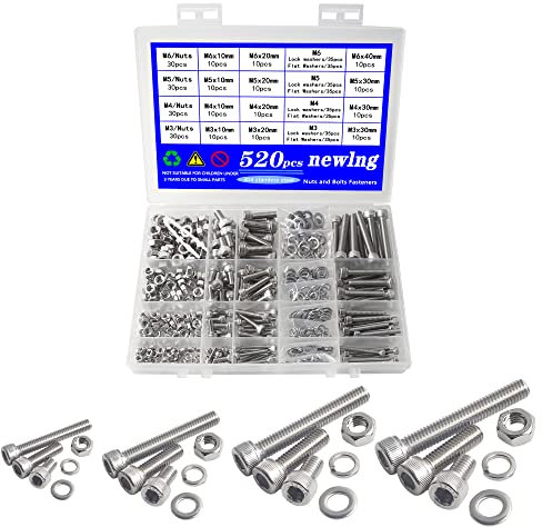 newlng 520 Stück Schrauben Set Edelstahl M3 M4 M5 M6 Zylinderschrauben mit Innensechskant 304 Edelstahl Schrauben mit Muttern Unterlegscheiben Set A2-70 Zylinderschrauben mit Innensechskant