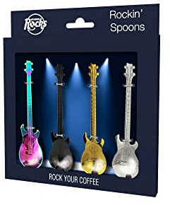 Winkee Rocks - Juego de 4 cucharas de café para guitarras eléctricas, cucharadita multicolor, cuchara de comedor, cuchara de huevo, acero inoxidable, regalo de Navidad, cumpleaños, Pascua