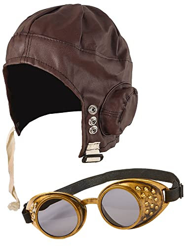 Pilotenhut für Erwachsene, Unisex, Pilotenhut + Bronze-Steampunk-Brille, 1940er Jahre Kriegszeit Opas großer Fluchtpilot Luftfahrt-Kostüm-Set