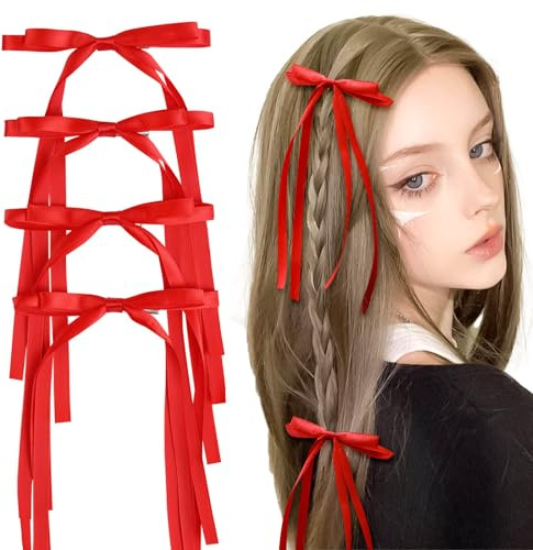 VOBOBE 4PCS Hair Bows for Women Girls, Red Tassel Ribbon Bowknot Hair Clips Barrettes for Girl with Long Tail, Solid Satin Hair Accessories (Red)