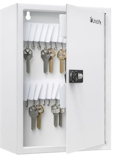 Uniclife 40 Position Slotted Key Cabinet with Combination Lock Resettable White Digital Security Storage Box Steel Key Organizer with Slotted Racks White Key Tag Labels and Permanent Pen