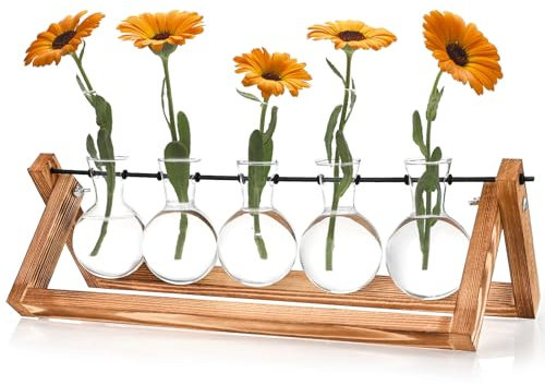 Cieex Vintage Kleine Vasen für Tischdeko, Hyindoor Propagation Station, Blumenvase Glasvase mit Holzständer, Kleine Vasen Vintage Glas Reagenzgläser für Hause Büro Wohnzimmer