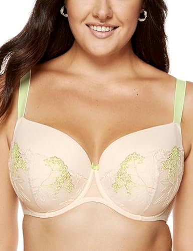Gorteks Lingerie Soleil-B4 Gepolsterter BH, bestickter Bügel-BH, große Größen, Komfort, elegant, praktisch – 80D, Beige/Limette