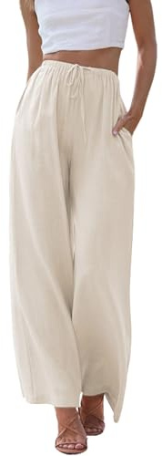 Cegerne Per Donna Pantaloni di Lino Pantaloni Estivi Lunghi Leggeri vestibilità Ampia Casual Pantaloni Larghi in Tessuto Gambe Larghe Pantaloni Palazzo con Tasche, Beige, XL