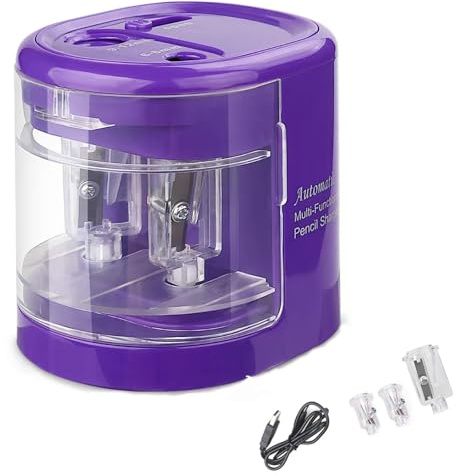 JFQSUNSINE Electric Pencil Sharpener with Container, Dual Holes (6-12mm) Battery & USB Operated Pencil Sharpeners for Colored Pencils, Heavy Duty for Classroom, Office，Purple