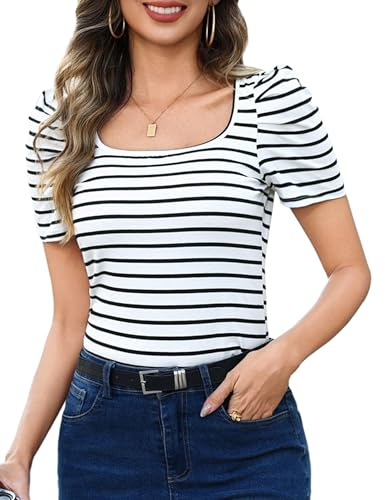 Aottori Gestreiftes T-Shirt Damen Kurzarm Slim Fit Gerippt Baumwolle Stretch Sommer Oberteile mit Eckigem Ausschnitt Casual Elegant Tops Weiß S
