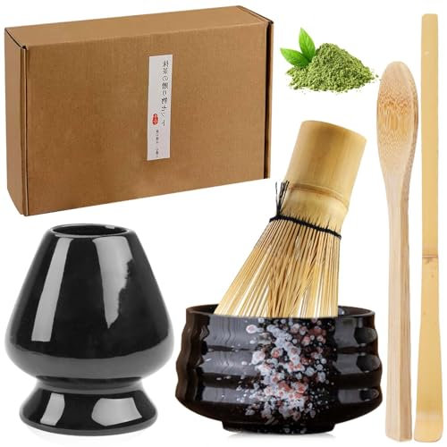 GAOUTO Lot de 5 sets à thé matcha avec fouet à matcha, bol à matcha en céramique, fouet en bambou, porte-balai en céramique, matcha fait à la main, accessoires pour matcha (Noir)