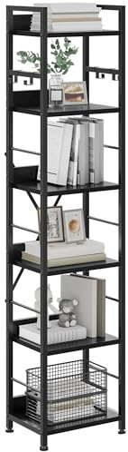 YITAHOME Bücherregal mit 6 Ebenen, Industrielles Standregal, Metallrahmen und Holzregale, Hohes Lagerregal mit 4 Haken, Präsentationsorganizer, für Wohnzimmer, Heimbüro, Schwarz Regal