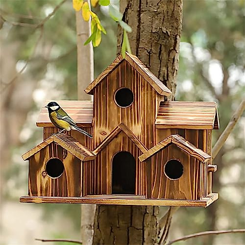 Nichoir à oiseaux pour l'extérieur – Nichoir à 6 trous pour colibri et merlebleu, nichoir à suspendre pour jardin, cour et patio, parfait pour les pinsons, les moineaux et autres oiseaux (Kaki, taille