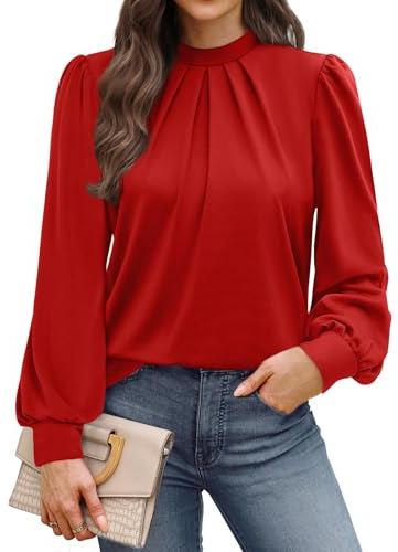 WIHOLL Womens Long Sleeve Tops Blouses for Women Dressy Casual Business Casual Outfits Fall Shirts for Women 2026 Fashion Clothing Mock Neck Cute Ladies Tunic Tops Trendy Red M