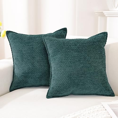 YSTELLAA Dekorativa Chenille Kuddfodral 45x45 2 Stycken, Fyrkantiga Kuddöverdrag Tvättbart För Soffa Hem Sovrum, Kuddöverdrag Med Osynlig Dragkedja, Kvalsterhämmande Andningsbart, Mörkgrön