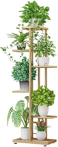 OPULENTHOME Escalier à fleurs, support pour plantes d'intérieur et extérieur, étagère à fleurs en métal à 6 étages 7 pots, étagère d'angle pour patio, jardin, balcon, 41 x 22 x 108 cm, doré