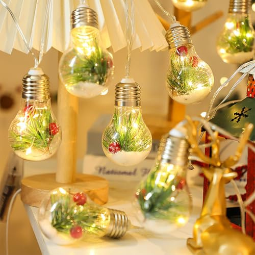 shsyue 18.37ft Christmas Lights for Indoor Decorations,10 Big LED Globe Bulbs String Light with Pine Needle/Red Fruit/Snowflake Ornaments for Bedroom,Fireplace,Xmas Tree,Garden,8 Mode &USB Control