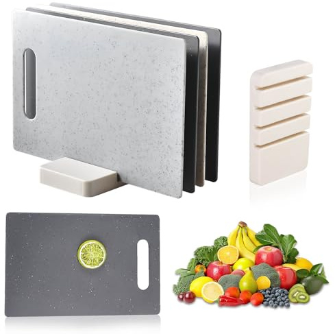 Pmueuff Planche a Decouper Plastique, Lot de 4 Planches à Découper avec Support de Planche Découper Antidérapant et Poignée pour Viande, Poisson, Légumes, Fruits, Pain, Lavable au Lave-Vaisselle