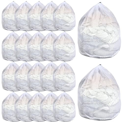 20 Pcs Mesh Laundry Bags Bulk with Drawstring 20 x 24'' White Heavy Duty Mesh Bag Machine Washable Sturdy Large Net Laundry Wash Bag for Dormitory College Apartment Travelling Camping