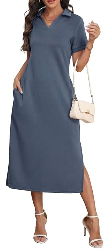 GRECERELLE Vestido polo largo para mujer, de verano, manga corta, grueso, antiarrugas, suave, con bolsillos, para uso diario y trabajo