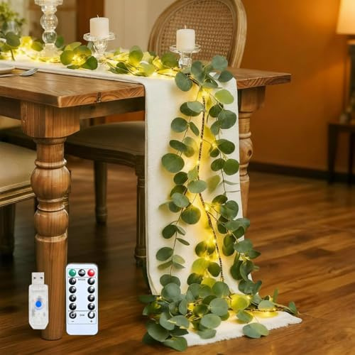 Gresonic 180cm Eukalyptus Lichterkette, Lichtergirlande mit 100 LEDs, USB-betrieben, Dimmbar & Timer, 8 Funktionen, Fernbedienung, Künstliche Eukalyptusblätter für Innen- und Außen Dekoration (1pc)