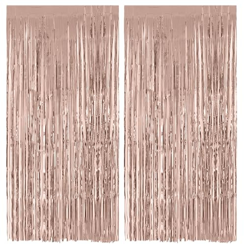 Alaoo Cortina Decoracion Fiesta, 2PCS Cortinas de borlas de Papel de Aluminio, Cortinas de Espumillón, Cortina Fiesta, Decoración de Fiestas, Decoración de Cumpleaños, Navidad, (2M Oro Rosa)